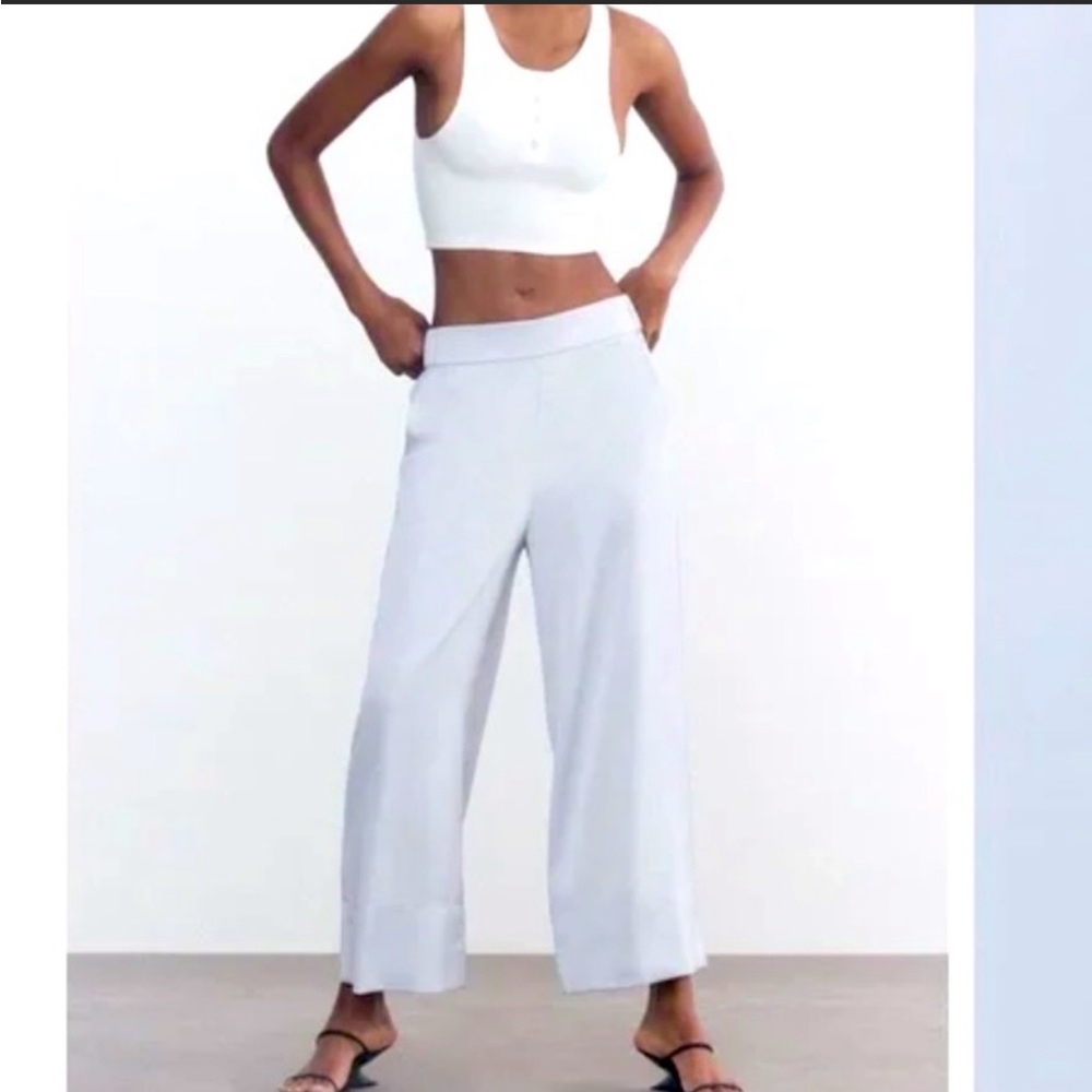 NWOT Zara Light Blue Satin Wide Leg Culottes/Pants, M